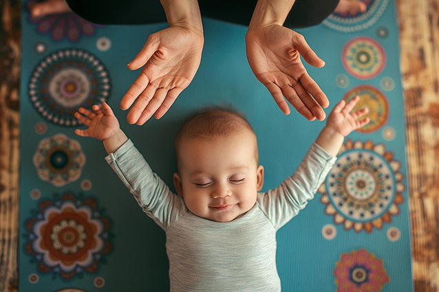 Baby liegend mit Händen über dem Kopf