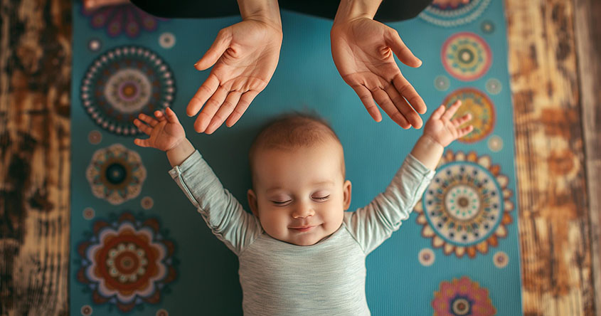 Baby liegend mit Händen über dem Kopf