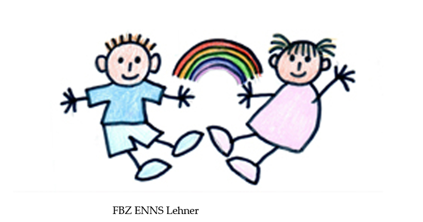 Das Bild wurde gemalt.
2 kleine Kinder sitzen am Boden und winken. Hinter ihnen wurde ein Regenbogen gemalt.