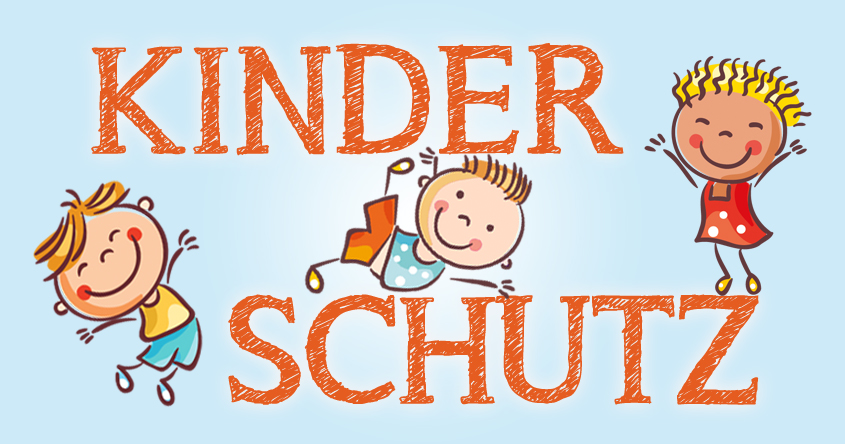 Eine Illustration mit 3 Kindern und dem Text "Kinderschutz"